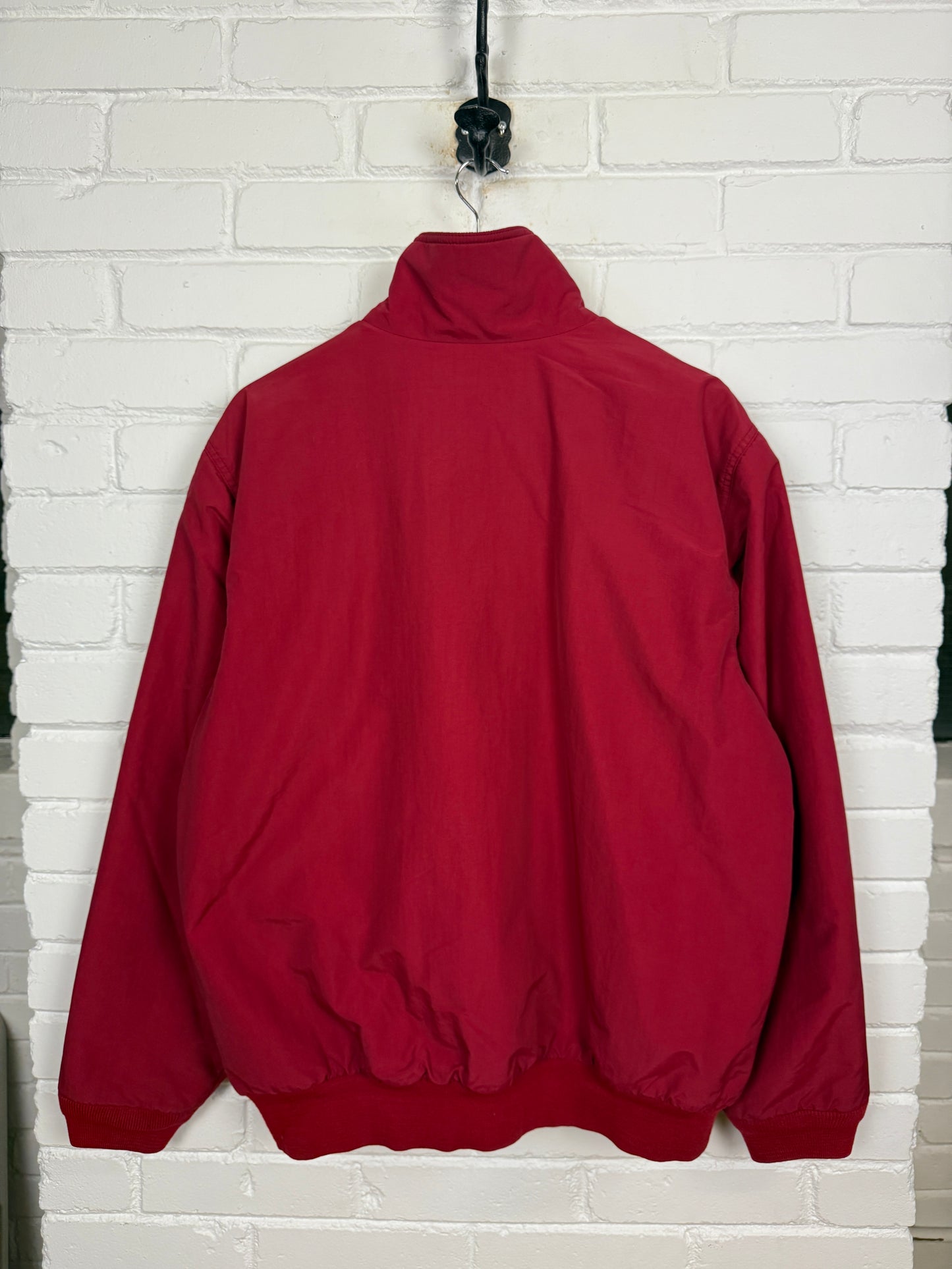 Vintage 90s LL Bean Fleece Lined Embroidered Spell Out Warm Up Jacket Size L Burgundy