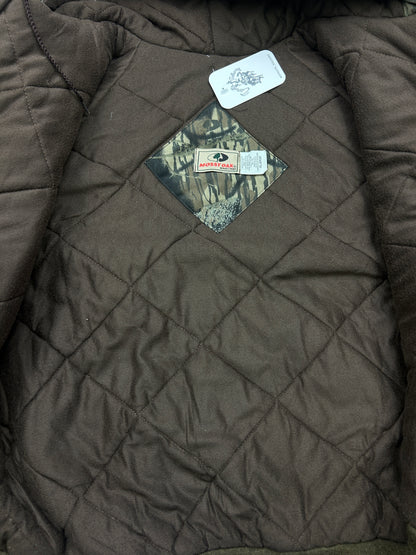 Vintage 90s Mossy Oak Break Up Camo Quilted Lined Insulated Hooded Bomber Jacket Size XL