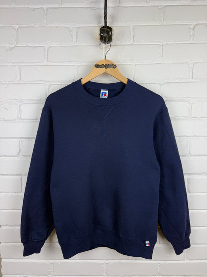 Vintage 90s Russell Athletic Blank Crewneck Sweatshirt Size M Navy Blue Made USA