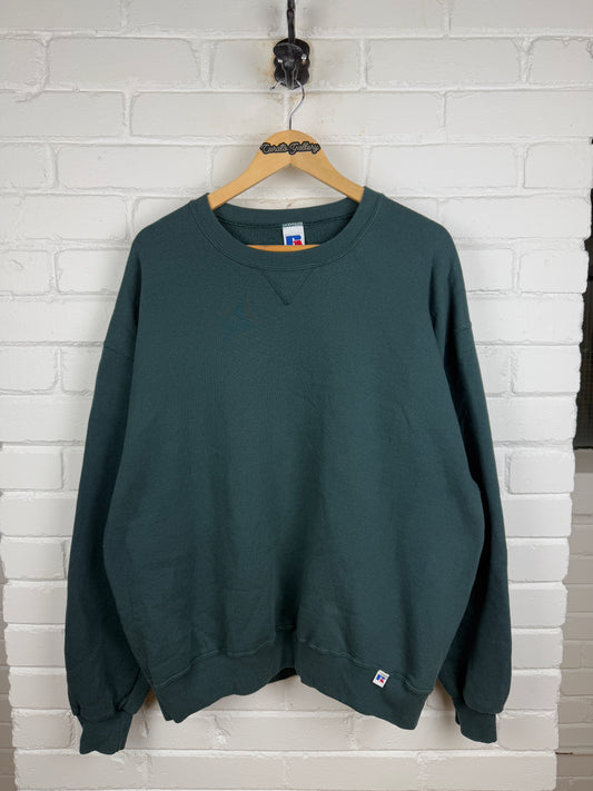 Vintage Russell Athletic Cropped Boxy Fit Blank Crewneck Sweatshirt Size XL Dark Blue Green