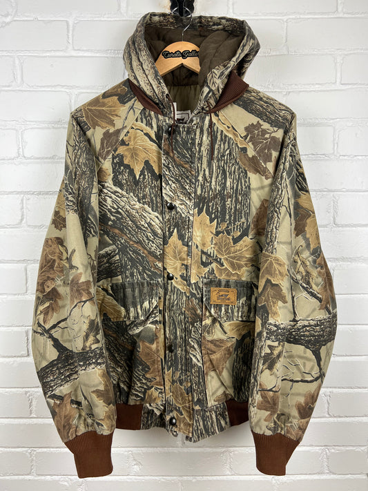 Vintage 90s Duxbak Real Tree Camo Quilted Lined Insulated Hooded Bomber Jacket Size XL
