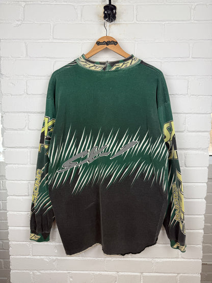 Vintage 90s Pro Racing SX1 All Over Print Motocross Green Long Sleeve T Shirt Jersey Size XL
