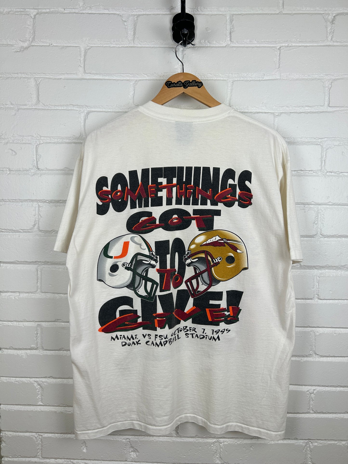 Vintage 1995 Miami VS FSU SomethingGot To Give NCAA Football T Shirt Size XL
