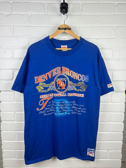 Vintage 90s Denver Broncos NFL Football Crest Graphic Nutmeg T Shirt Size XL
