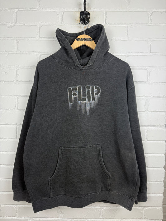 Vintage Y2K Flip Skateboard Spell Out Grafitti Drip Graphic Skateboard Hooded Sweatshirt Size L