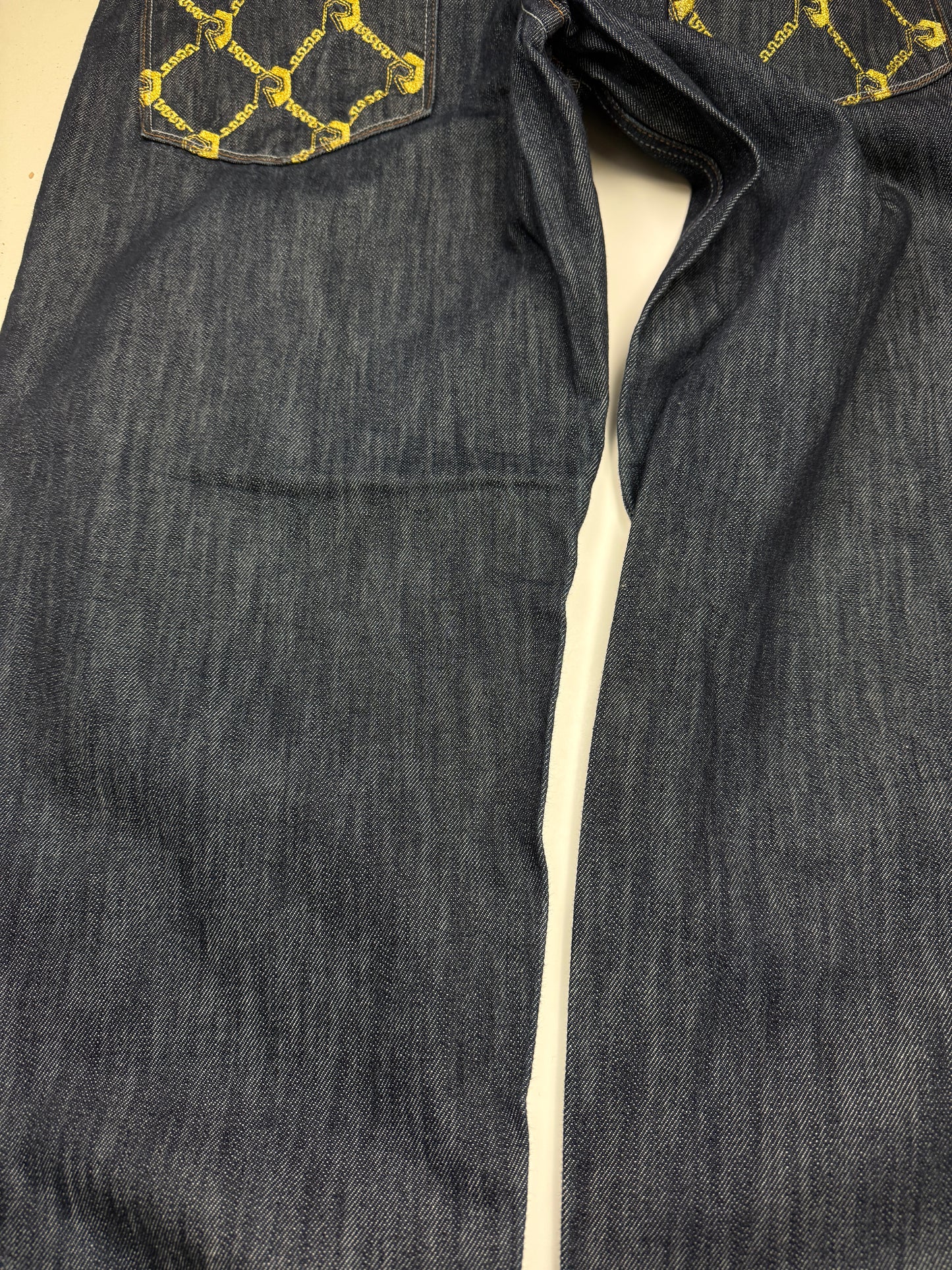 Vintage Y2K Risk Jeans Embroidered Back Pockets Regular Fit Dark Blue Denim Size 37W