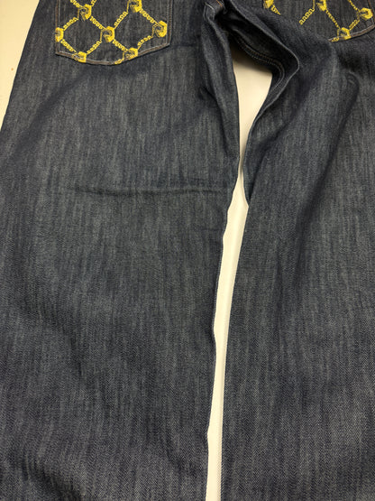 Vintage Y2K Risk Jeans Embroidered Back Pockets Regular Fit Dark Blue Denim Size 37W