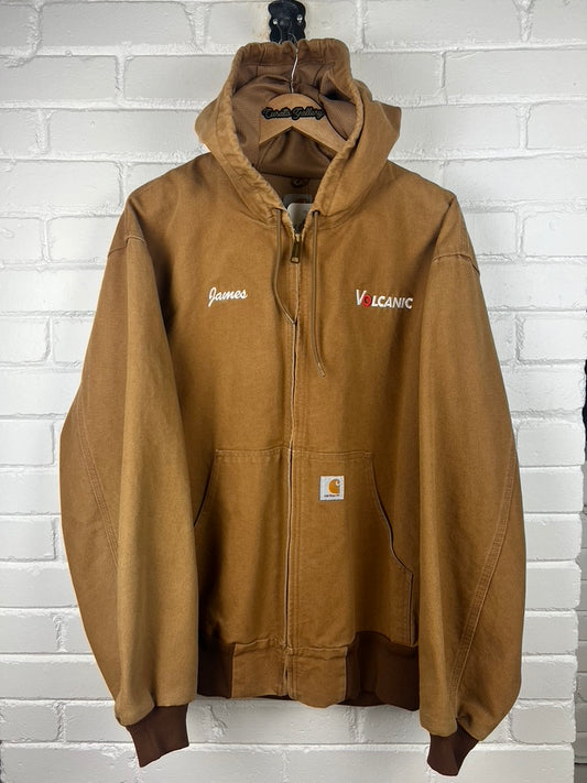 Vintage 90s Carhartt Thermal Lined Canvas Work Wear Hooded Bomber Jacket Size XL J131