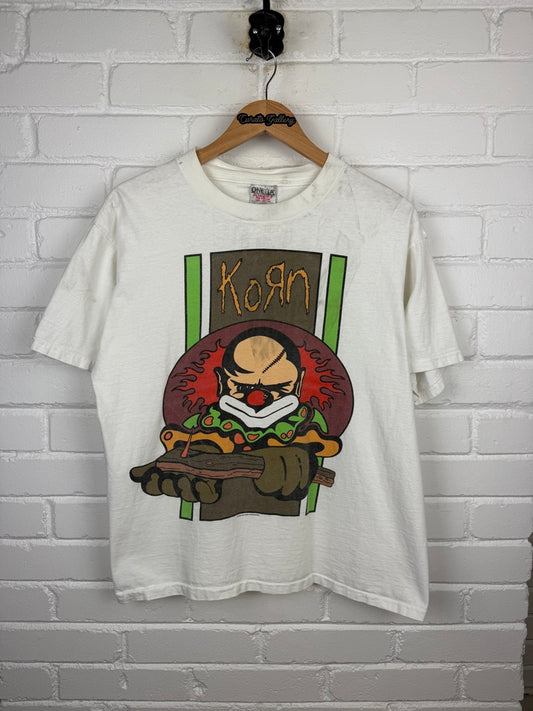 Vintage 1996 Korn Clown Nu Metal Band Music T Shirt Size L 90s White