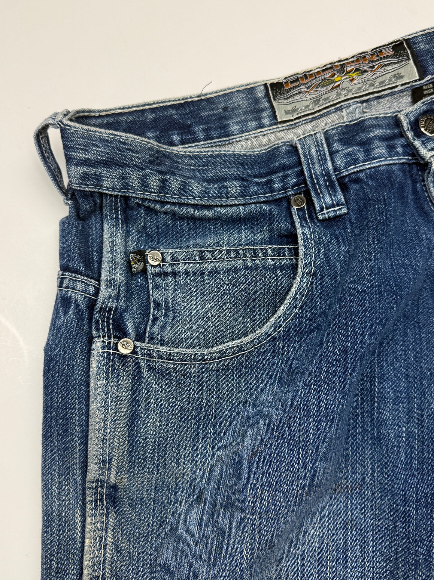 Vintage Y2K Culture XXX Carpenter Style Relaxed Fit Medium Sand Blasted Denim Jeans Pants Size 34W