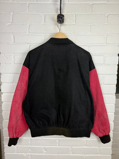 Vintage 90s Duracell Im Walkin Fish Embroidered Two Tone Bomber Varsity Jacket Size XL