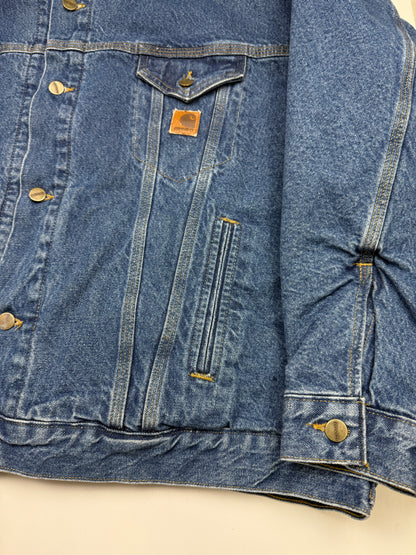 Vintage 90s Carhartt Plaid Blanket Lined Denim Trucker Jacket Size XXL