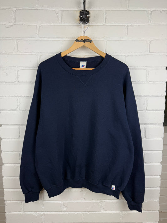 Russell Athletic Cropped Boxy Fit Blank Crewneck Sweatshirt Size XXL Navy Blue