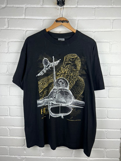 Vintage 1990 F-16 Black Bird Falcon Fighter Jets Front And Back Graphic T Shirt Size XL