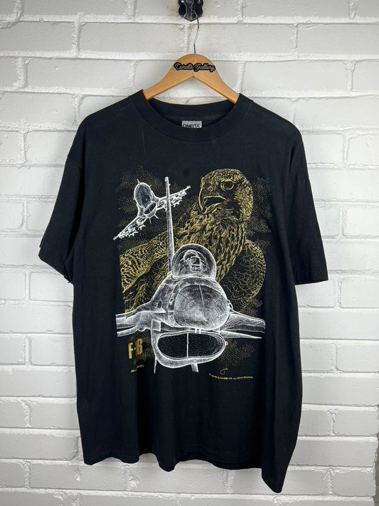 Vintage 1990 F-16 Black Bird Falcon Fighter Jets Front And Back Graphic T Shirt Size XL