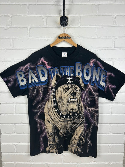 Vintage 90s Bad To The Bone bulldog Lighting All Over Print AOP T Shirt Size L