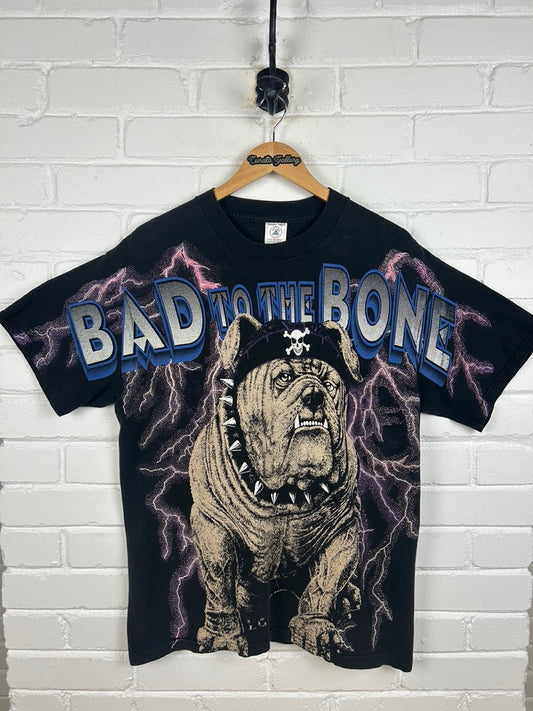 Vintage 90s Bad To The Bone bulldog Lighting All Over Print AOP T Shirt Size L