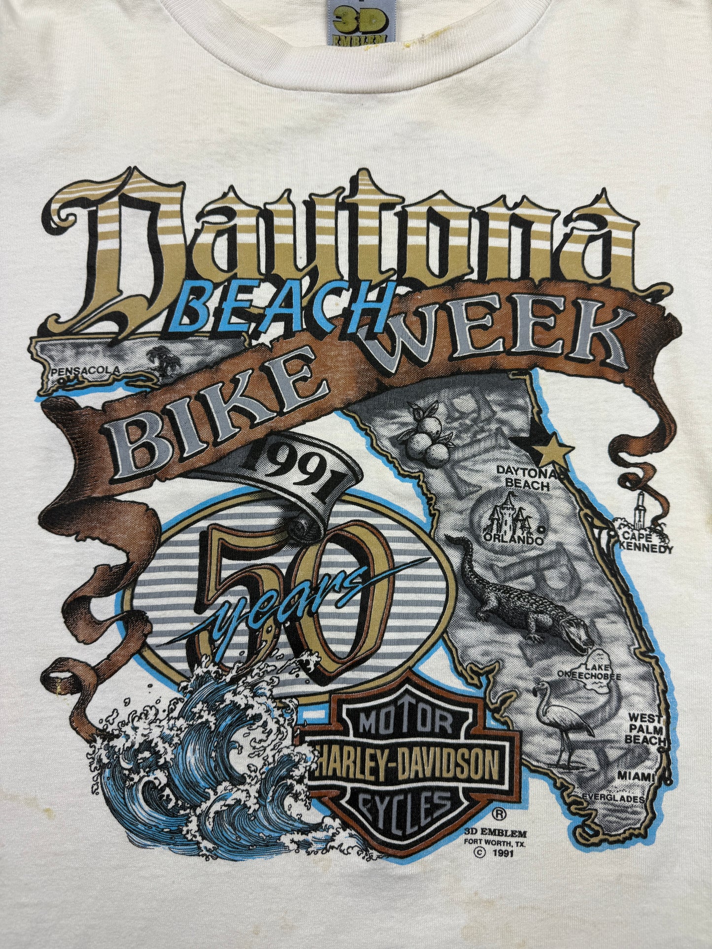 Vintage 1991 Harley Davidson 3D Emblem Dayton Bach Bike Week 50 Years T Shirt Size L 90s