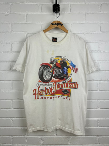 Vintage 2004 Harley Davidson Burning Up The Road Flaming Eagle T Shirt Size L