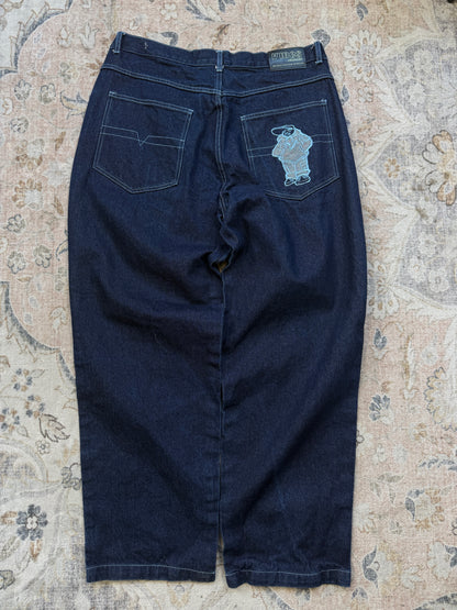 Vintage Y2K Vibes Jeans Embroidered Back Pocket Dark Blue Baggy Denim Pants Size 38W