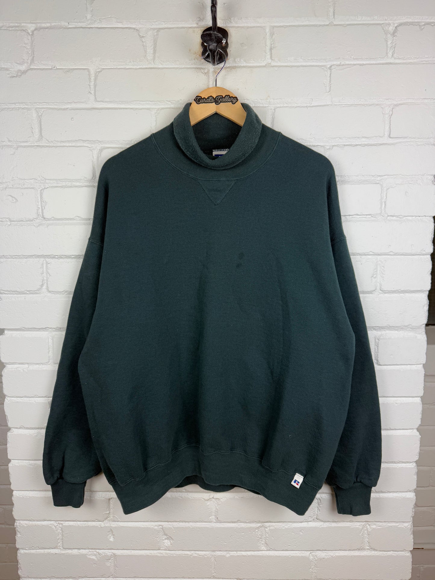 Vintage 90s Russell Athletic Boxy Fit Blank Turtleneck Sweatshirt Size XL Dark Blue Green