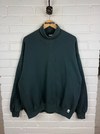 Vintage 90s Russell Athletic Boxy Fit Blank Turtleneck Sweatshirt Size XL Dark Blue Green