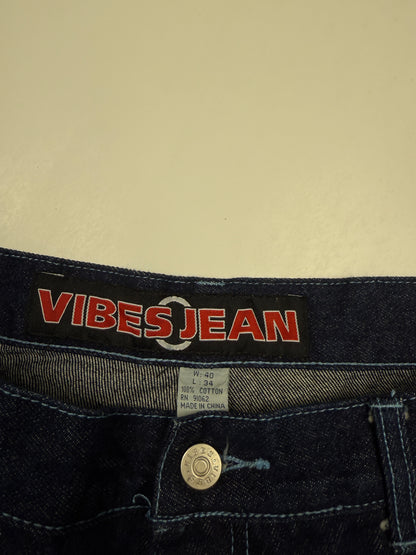 Vintage Y2K Vibes Jeans Embroidered Back Pocket Dark Blue Baggy Denim Pants Size 38W