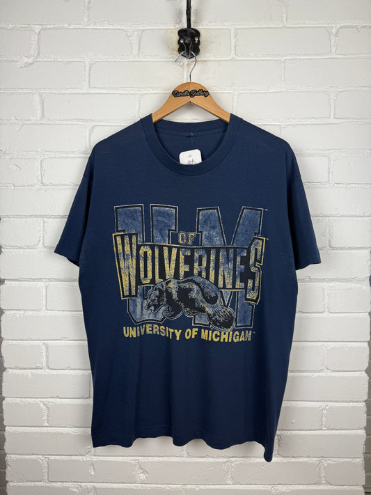 Vintage 90s University Of Michigan Wolverines UOFM Collegiate Graphic T Shirt Size XL Blue