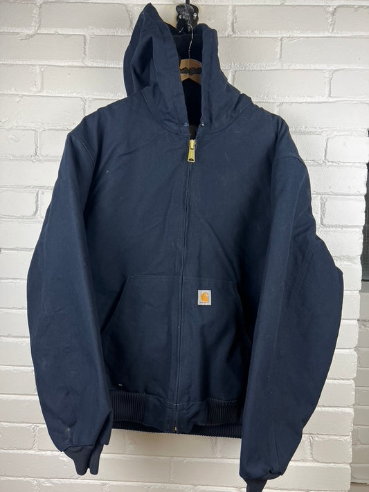 Vintage Carhartt Canvas Work Wear Insulated Hooded Bomber Jacket Size XL Navy Blue