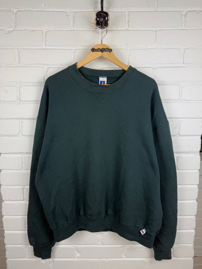 Vintage Russell Athletic Boxy Fit Blank Crewneck Sweatshirt Size XL Dark Blue Green