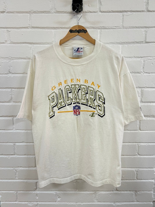 Vintage 90s Green Bay Packers Emboridered Spell Out Logo Athletic T Shirt Size L