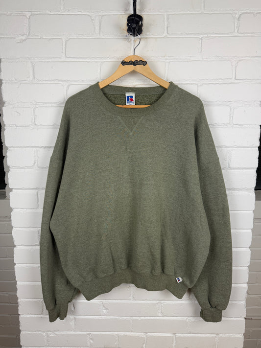 Vintage Russell Athletic Cropped Boxy Fit Blank Crewneck Sweatshirt Size XXL Charcoal Dark Olive