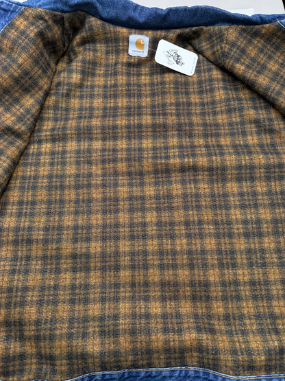 Vintage 90s Carhartt Plaid Blanket Lined Denim Trucker Jacket Size XXL