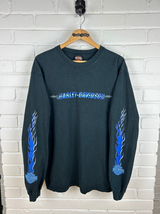 Vintage 2001 Harley Davidson Motorcycles Las Vegas Blue Flames Long Sleeve T Shirt Size L
