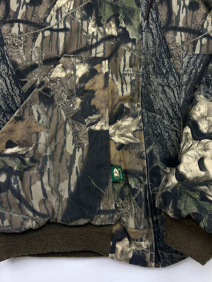 Vintage 90s Mossy Oak Break Up Camo Quilted Lined Insulated Hooded Bomber Jacket Size XL