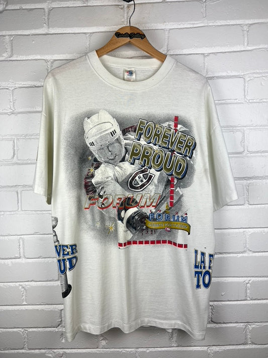 Vintage 90s Montreal Canadians Forever Proud Bulletin Athletic All Over Print NHL T Shirt Size XL