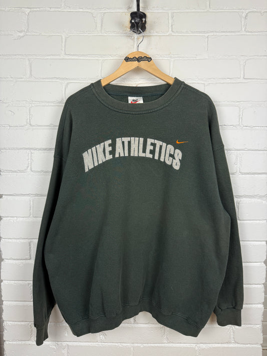 Vintage 90s Nike Athletics Embroidered Arc Spell Out Mini Swoosh Crewneck Sweatshirt Size XL