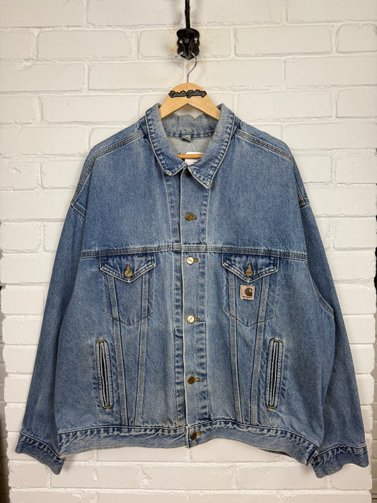 Vintage 90s Carhartt Light Wash Trucker Denim Jean Jacket Size XXL J-12