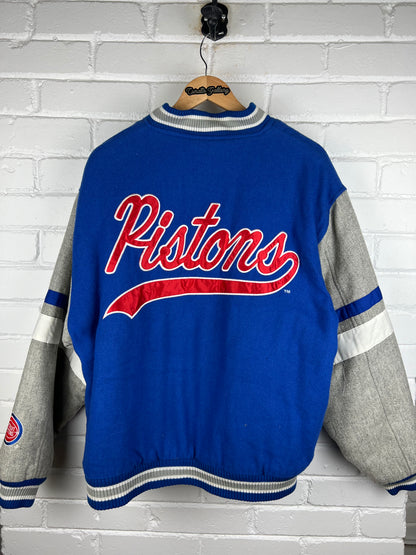Vintage 80s/90s Detroit Pistons NBA Script Spell Out Insulated Wool Bomber Jacket Size XL