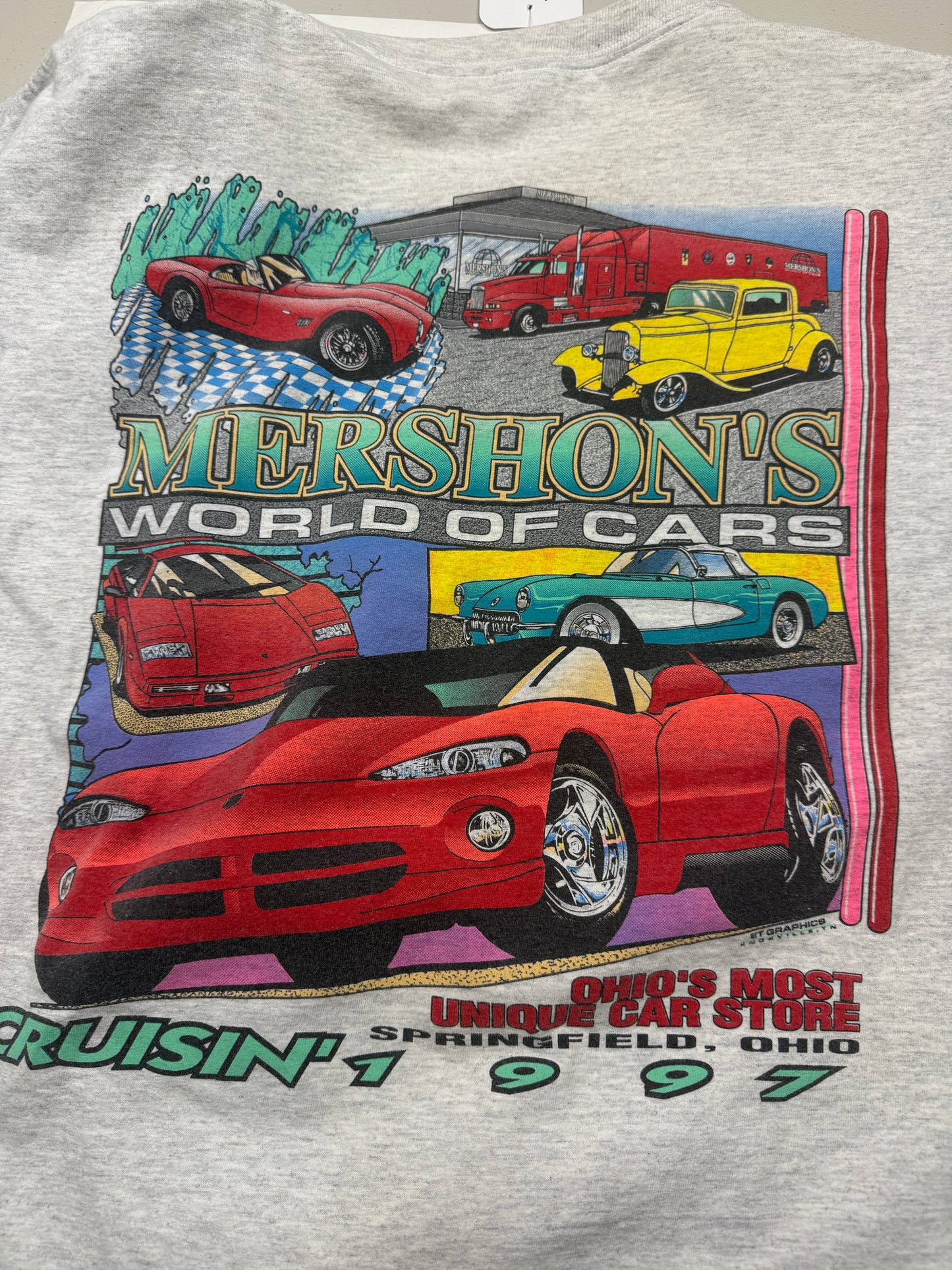 Vintage 1997 Mershons World Of Cars Exotic Ferrari Lots Viper Racing T Shirt Size XL 90s
