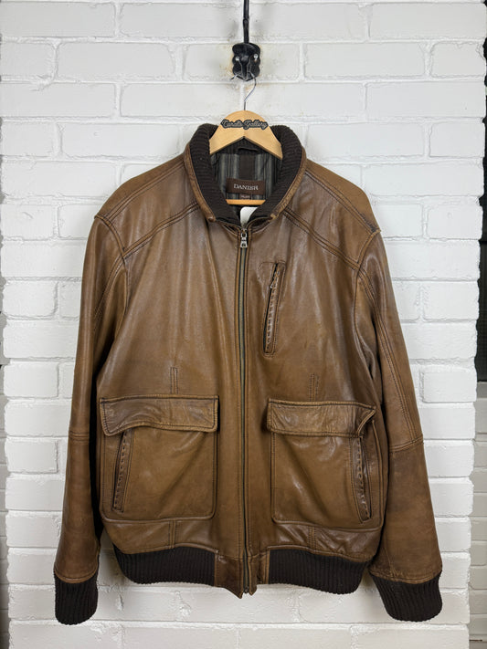 Vintage Danier Lined Brown Leather Aviator Bomber Full Zip Jacket Size XXL