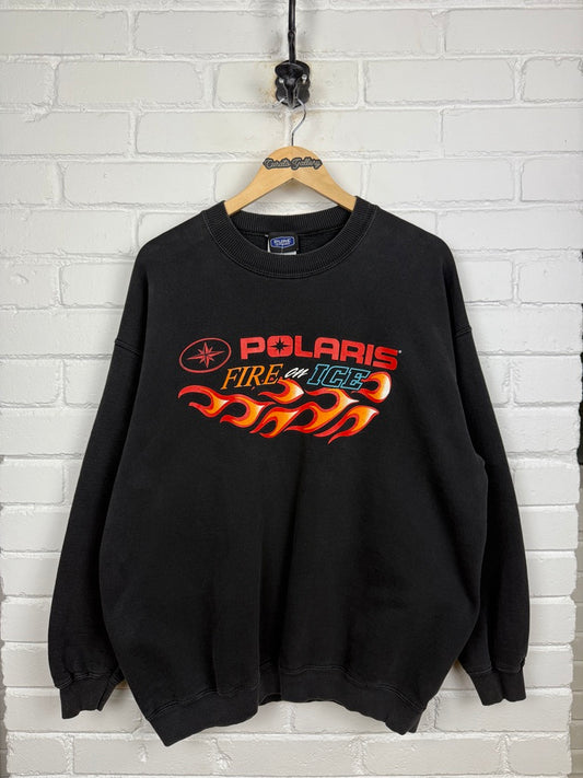 Vintage 90s Polaris Fire On Ice Snowmobile Flames Graphic Crewneck Sweatshirt Size XL