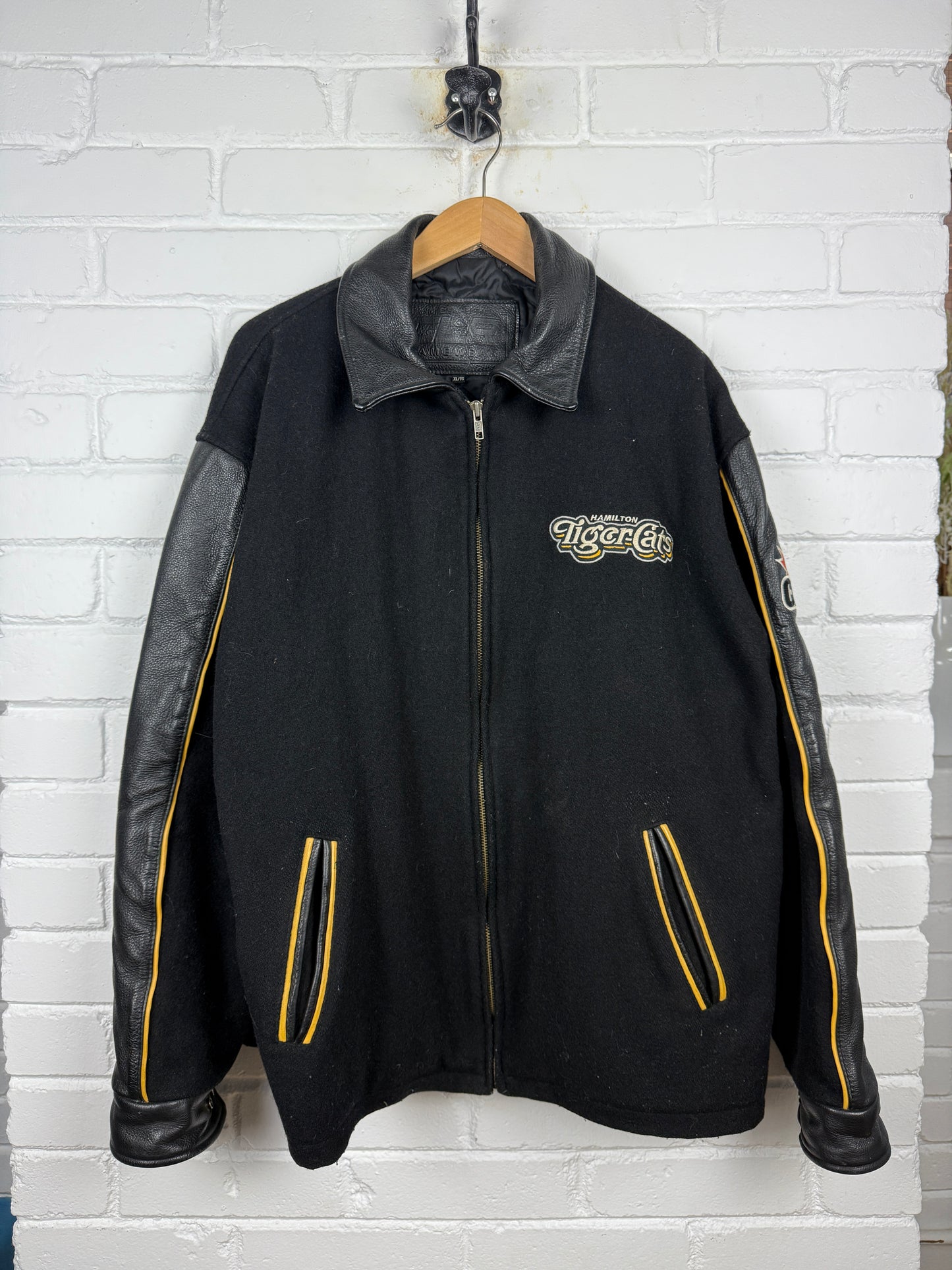 Vintage 90s Hamilton Tiger Cats Embroidered Wool Varsity Bomber Jacket Size XL