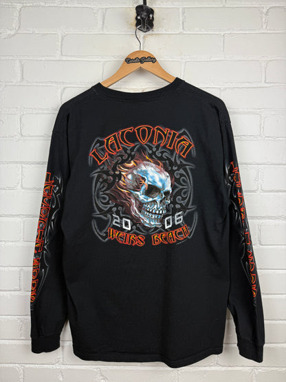 Vintage 2006 Laconia Weirs Beach Flames Skull Tribal Long Sleeve T Shirt Size L