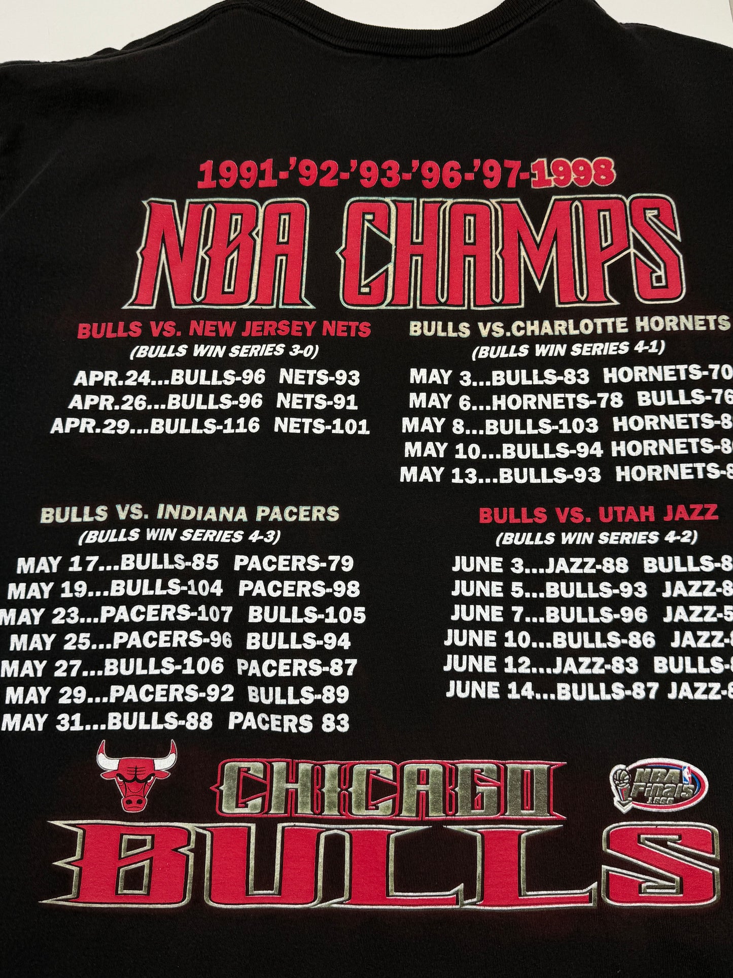 vintage 1998 Chicago Bulls NBA Champs Road To The Finals Stats Front & Back Graphic T Shirt Size L 90s