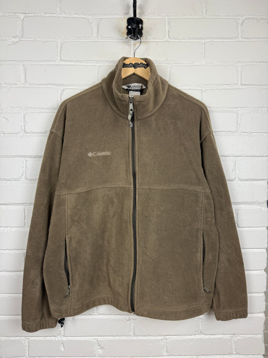Vintage Columbia Sportswear Embroidered Spell Out Full Zip Fleece Sweater Size XL Earth Tone