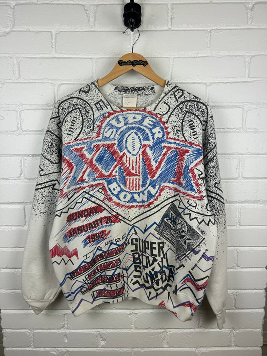 Vintage 1992 Super Bowl XXVI All Over Print NFL Football Sweatshirt Size L 90s