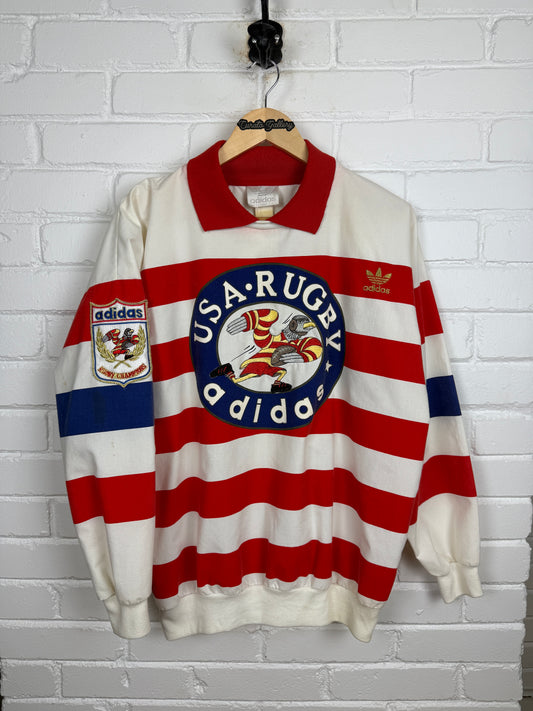 Vintage 80s Adidas USA Rugby Striped Bald Eagle Tre Foil Collared Sweatshirt Size XL