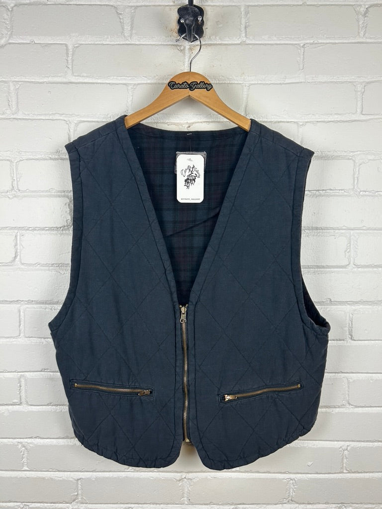Vintage Paragraff Plaid Lined Quilted Vest Size L Navy Blue