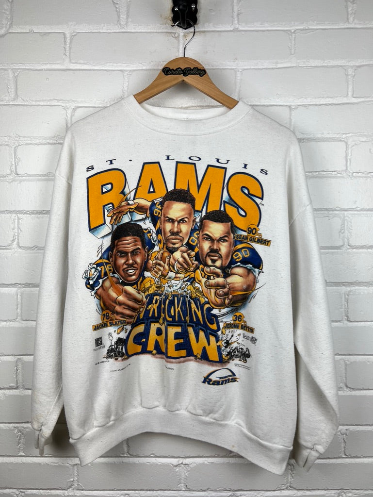 Vintage 1995 St Louis Rams Wrecking Crew Bettis Gilbert Caricature NFL Sweatshirt Size L 90s